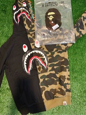 Bape Shark Half Camo Zip-Up Hoodie - Black & Green Camo